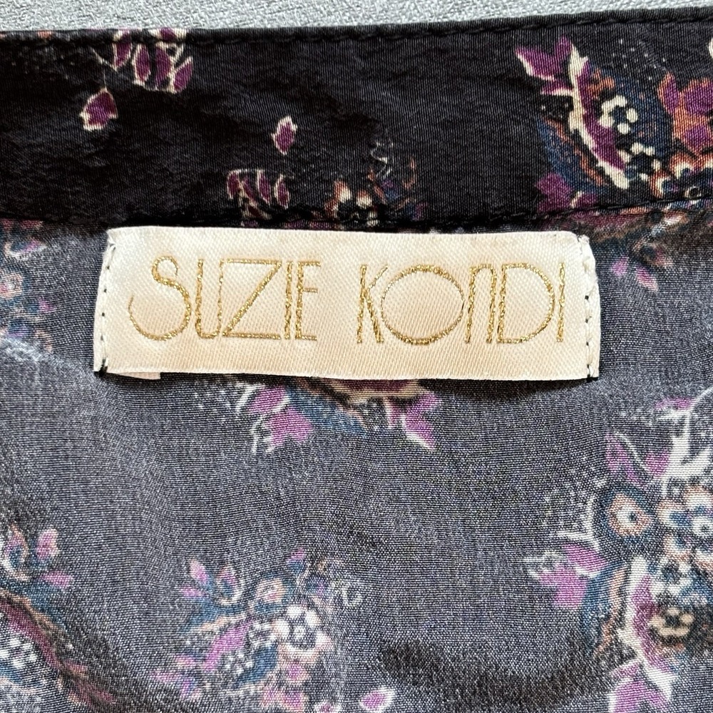 Suzie Kondi Easy Dress L Black Floral Silk Tiered Midi Boho Oversized Pockets - Picture 3 of 14